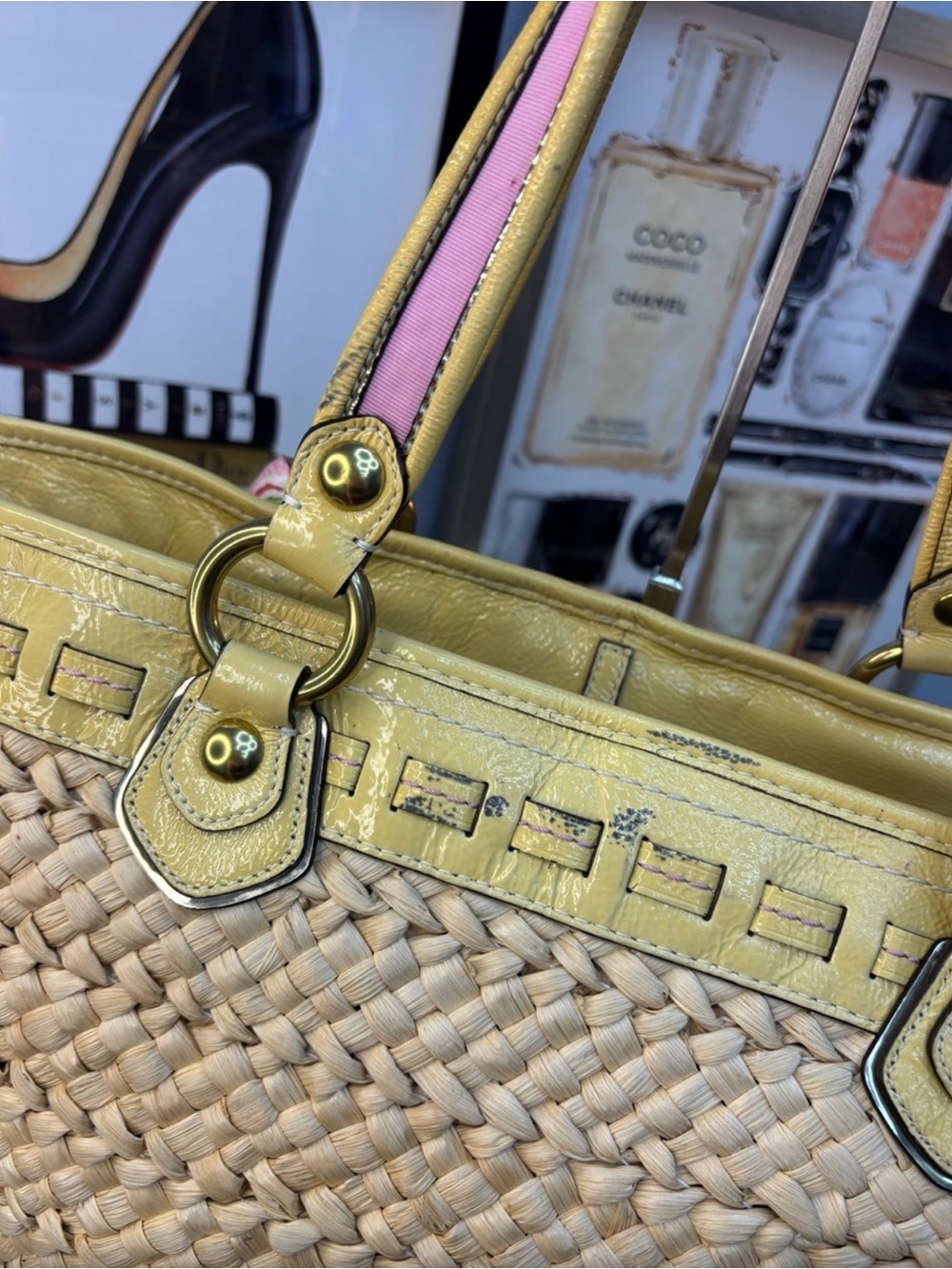 Coach Legacy Yellow Leather Straw Tote with Pink Floral Applique and Scarf - Picture 9 of 15